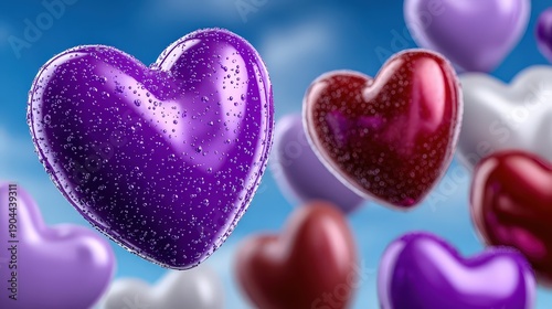 Valentine's Day Romantic Glossy Purple and Red Hearts in Sky
