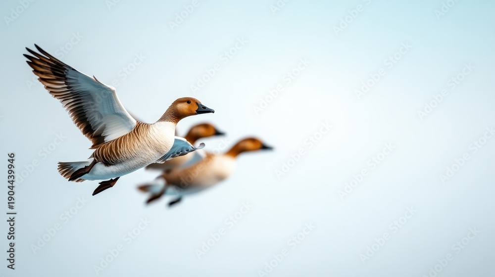 Obraz premium A pair of elegant ducks is soaring through a bright blue sky, showcasing the beauty of nature and the joy of flight, embodying freedom and harmony in the natural world.