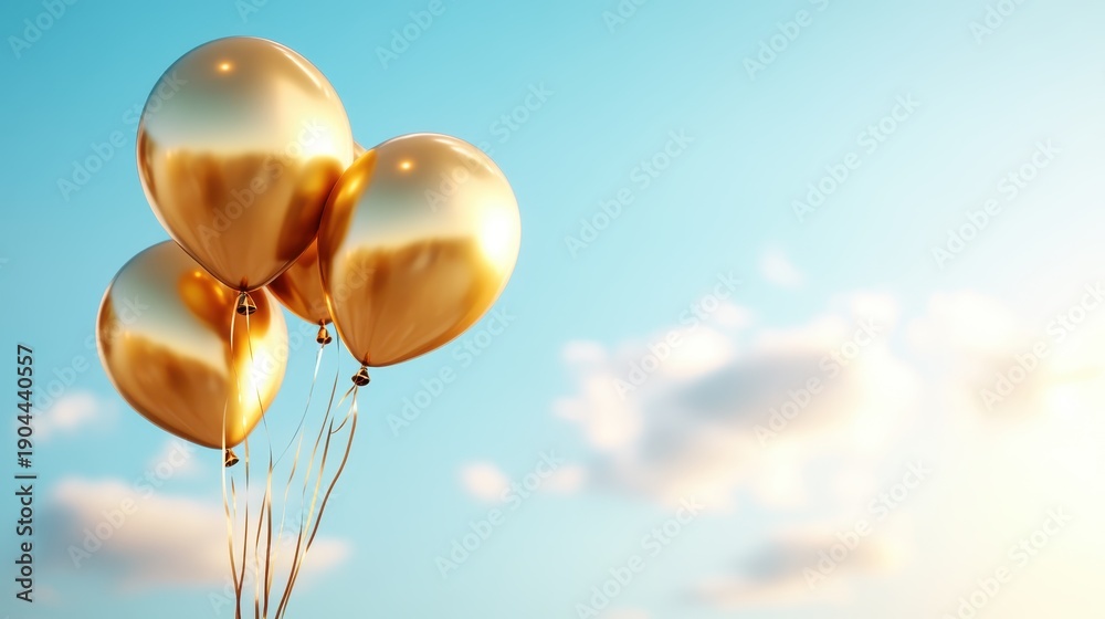 Naklejka premium This image features three elegant shiny golden balloons against a bright, blue sky, representing celebration, joy, and a sense of freedom and adventure in life.