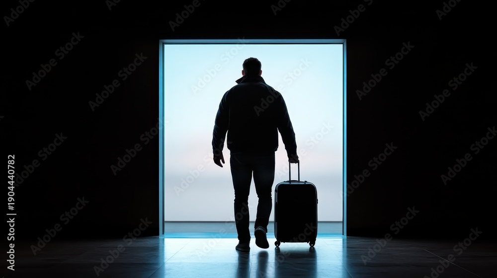 Obraz premium A captivating silhouette of a traveler exiting through a doorway with a suitcase, symbolizing adventure, new beginnings, and the journey of life into the unknown.