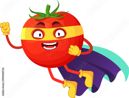 Tomato character flying as a superhero representing healthy eating