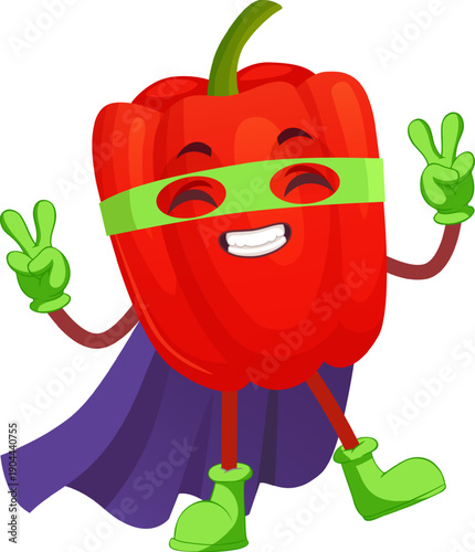 Bell pepper superhero character making peace sign