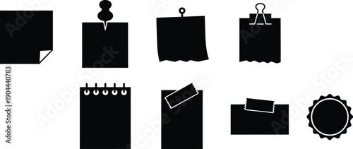 Blank, sticky paper note book sheets and stationery items silhouettes. 