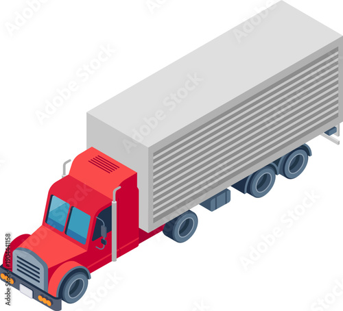 Red semi truck transporting freight in isometric style