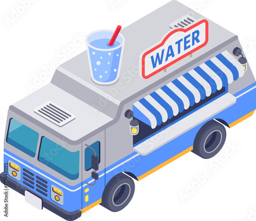 Isometric water truck distributing refreshments illustration