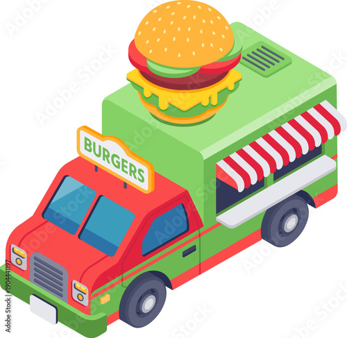 Food truck selling burgers isometric illustration