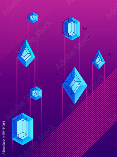 Floating blue digital gems on purple gradient background
