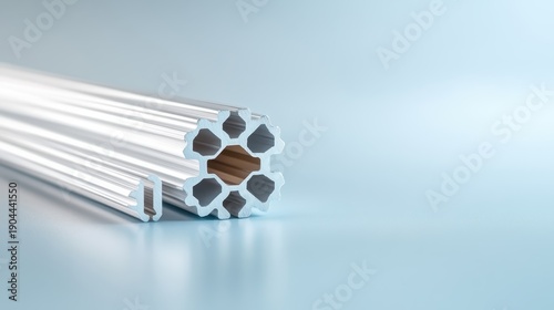 Located against a soft blue backdrop, two aluminum tubes feature a unique hexagonal design, presenting modernity and craftsmanship in material aesthetics.