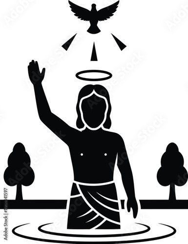 Jesus baptism at the Jordan river with holy spirit descending upon him like a dove. 