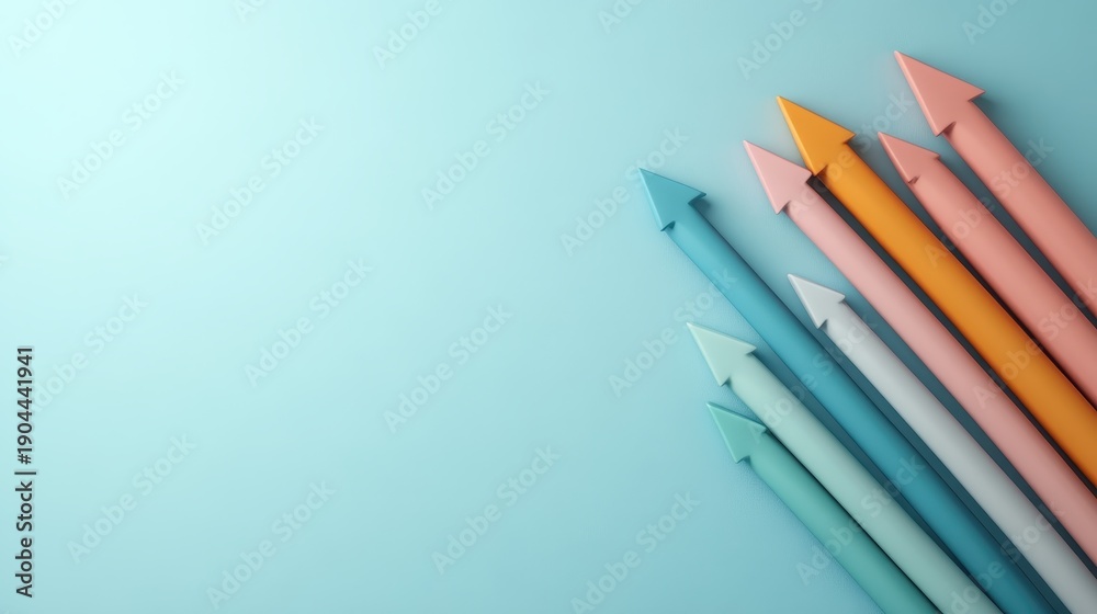 Fototapeta premium A dynamic array of colorful arrows pointing forward against a light blue backdrop, representing progress, direction, and creative design in a visually pleasing way.