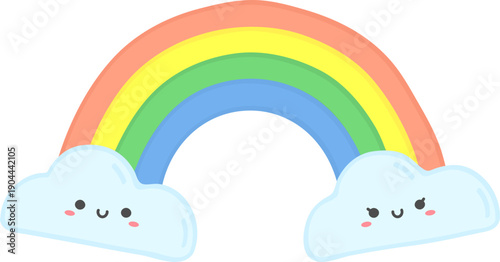 Colorful rainbow with happy cartoon clouds illustration