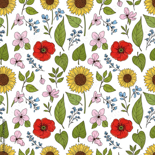 Seamless Floral Patterns Collection with Hand-Drawn Wildflowers, Roses, and Botanical Garden Elements