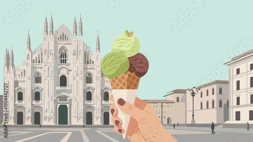 Enjoying delicious gelato in front of the magnificent Milan Cathedral on a sunny day