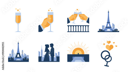 Collection of romantic and celebratory icons featuring champagne, Eiffel Tower, couple, and sunset