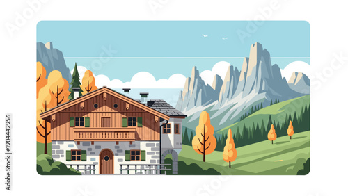 Charming alpine chalet nestled amidst rolling hills and majestic mountain peaks in autumn
