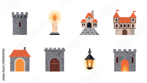 Collection of medieval castle elements and lighting for fantasy game design