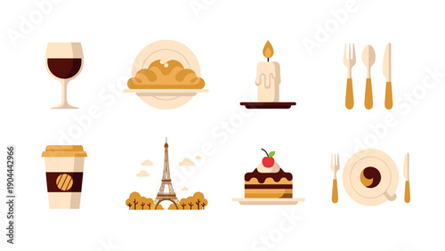 Collection of French-themed icons including Eiffel Tower, croissant, wine, and cake