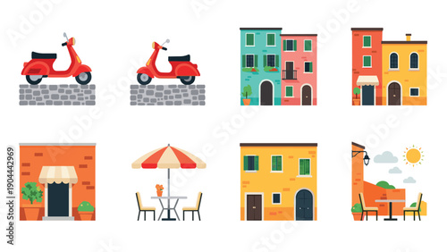 Collection of Italian village elements: scooters, colorful buildings, and outdoor cafes