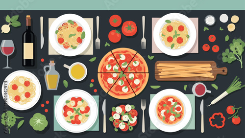 Overhead view of a delicious Italian dinner spread with pizza, pasta, wine, and fresh ingredients