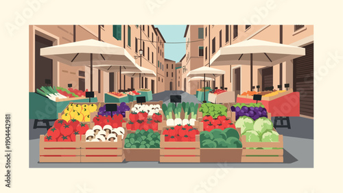 Vibrant outdoor market scene with fresh produce displayed under umbrellas