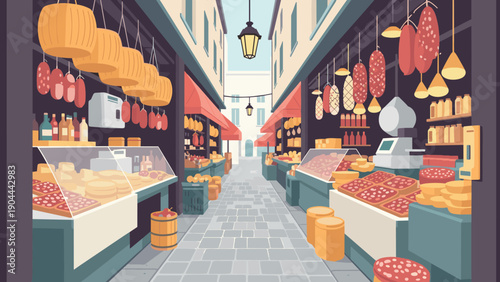 Charming European street market scene with food stalls selling meats and cheeses