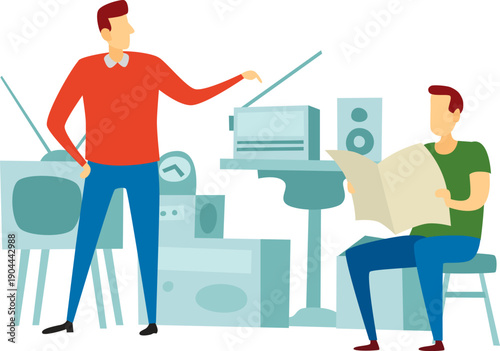 People listening to radio and reading newspaper