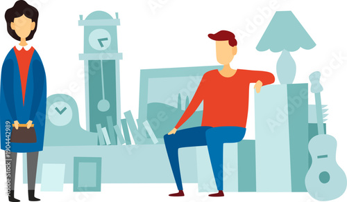 People living a modern lifestyle surrounded by home objects