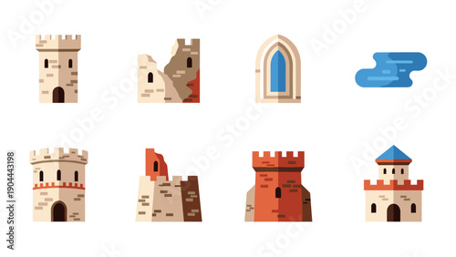 Collection of flat design medieval castle towers and architectural elements