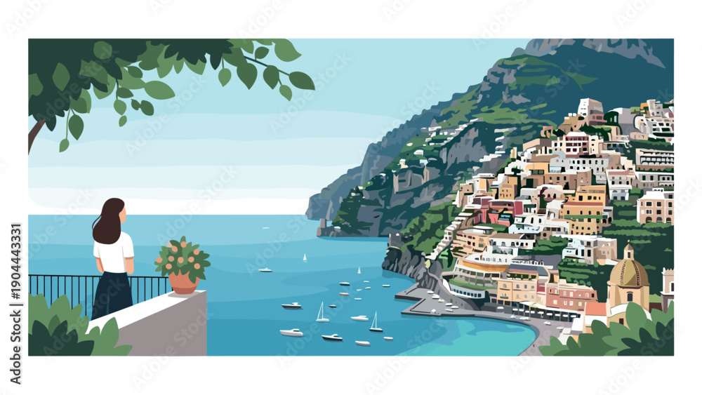 Naklejka premium Woman enjoys scenic view of colorful Italian coastal town from balcony overlooking the sea