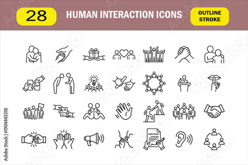 Human Interaction, Teamwork, and Social Relationship Editable Stroke Line Icon Set.eps