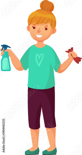 Smiling woman cleaning holding spray bottle and cloth