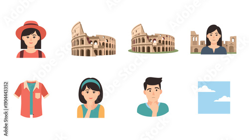 Collection of Italian landmarks and people icons for travel and tourism