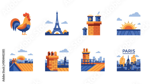 Collection of Parisian icons featuring Eiffel Tower, rooster, and city rooftops at sunrise