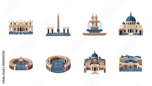 Collection of Vatican City landmarks and architectural elements in a flat design style