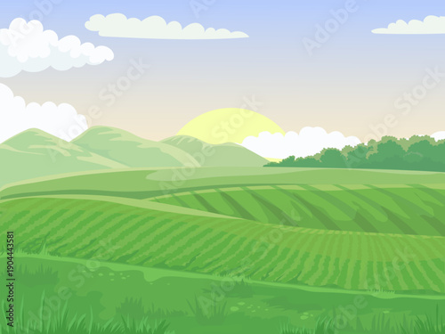 Green farming landscape with sun rising over hills
