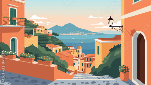 Charming Italian coastal village with colorful buildings and a view of Mount Vesuvius