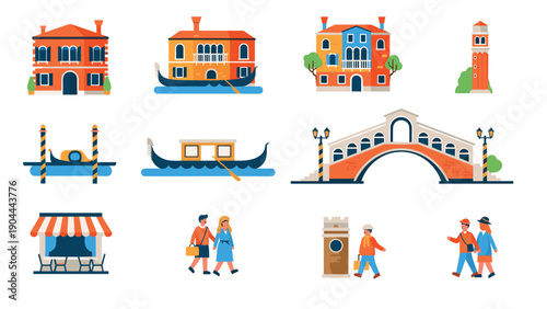 Collection of Venetian landmarks and scenes in a flat vector illustration style