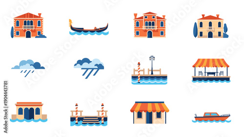 Collection of Venetian icons featuring buildings, gondola, docks, and weather elements