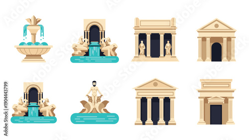 Collection of classical fountains and ancient Greek Roman architecture buildings