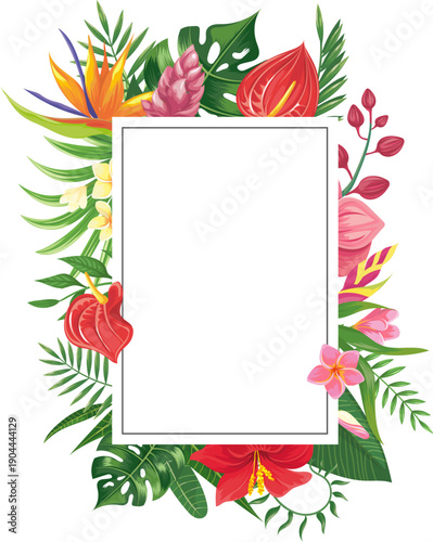 Tropical flowers and leaves surrounding blank frame