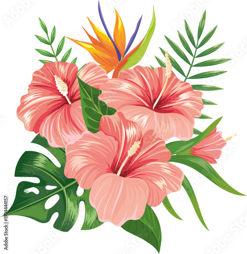 Tropical hibiscus and bird of paradise flowers arrangement