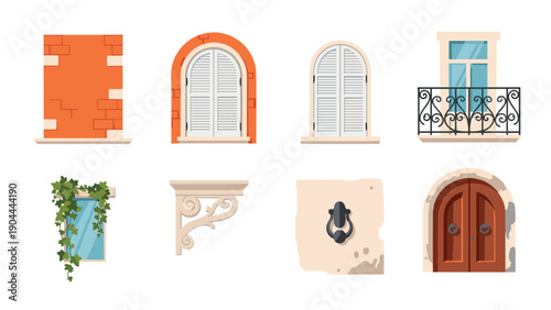 Collection of architectural elements including windows, doors, and decorative details