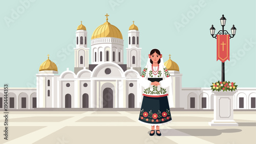 Woman in traditional embroidered clothing stands before a grand cathedral with golden domes