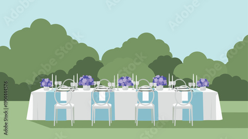 Elegant outdoor wedding reception table setting with floral centerpieces and clear chairs