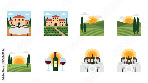 Tuscan vineyard estate with wine tasting and scenic rolling hills at sunset