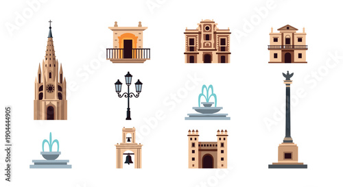 Collection of stylized architectural elements and city landmarks on a white background