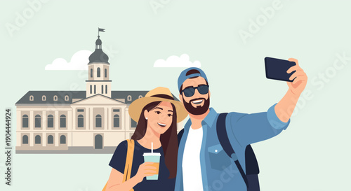 Young couple taking a selfie in front of a historic building during their vacation