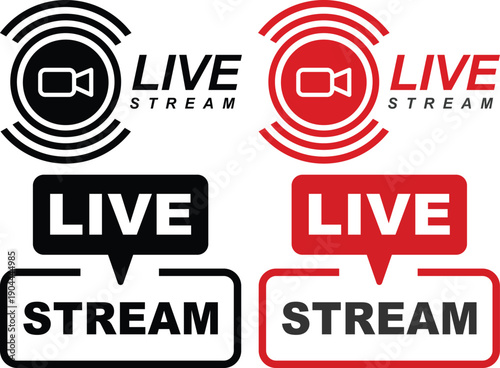 Live streaming icon set collection group with play button video broadcast badges, online stream labels, media recording symbols for social network content isolated on white background vector.
