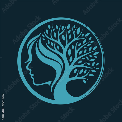 Teal silhouette of a womans face with a tree in a circle logo symbol