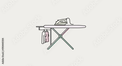 Ironing Board with Clothes Illustration Representing Household Chores and Garment Care Routine. This professional vector illustration shows an ironing board with neatly arranged clothes, symbolizing f